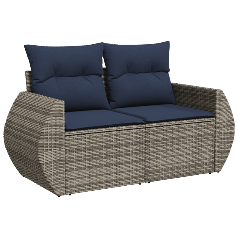 vidaXL 2-Seater Patio Sofa with Cushions in Navy Blue and Grey Poly Rattan