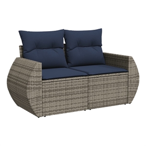 vidaXL 2-Seater Patio Sofa with Cushions in Navy Blue and Grey Poly Rattan
