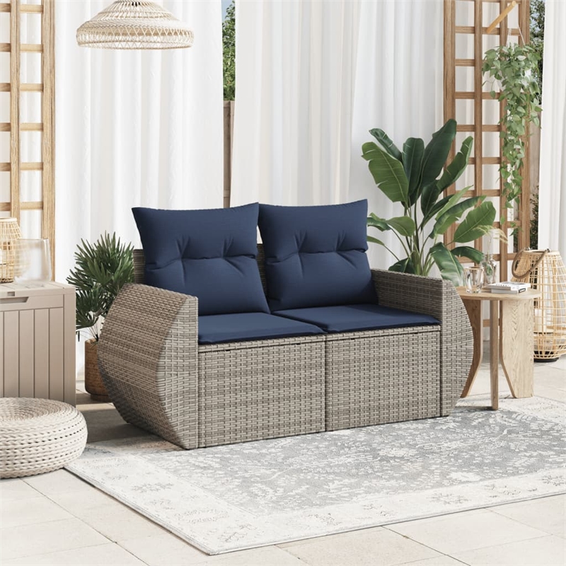 vidaXL 2-Seater Patio Sofa with Cushions in Navy Blue and Grey Poly Rattan