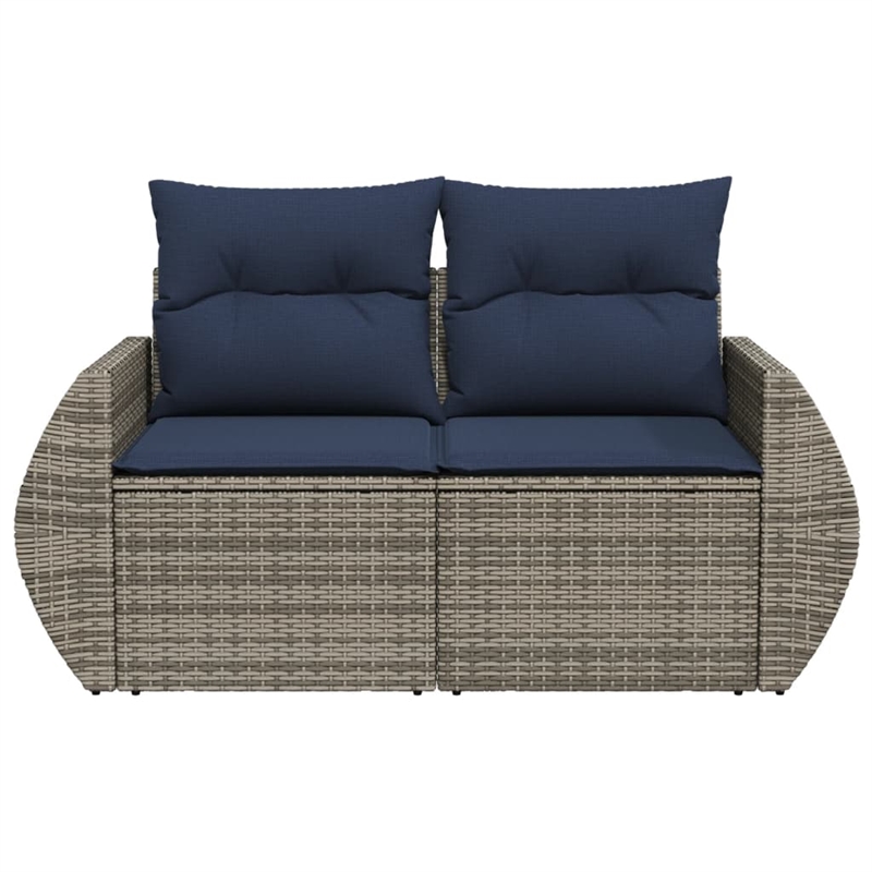 vidaXL 2-Seater Patio Sofa with Cushions in Navy Blue and Grey Poly Rattan