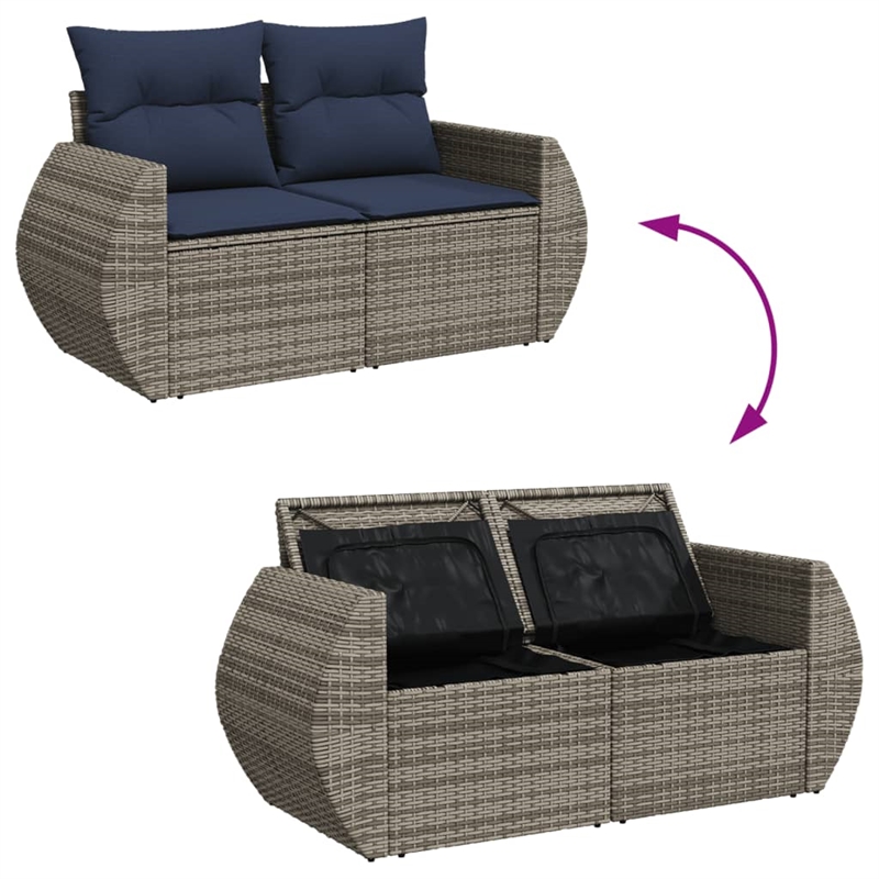 vidaXL 2-Seater Patio Sofa with Cushions in Navy Blue and Grey Poly Rattan