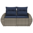 vidaXL 2-Seater Patio Sofa with Cushions in Navy Blue and Grey Poly Rattan