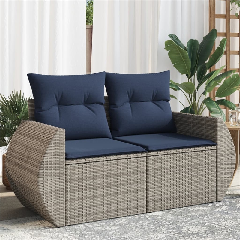 vidaXL 2-Seater Patio Sofa with Cushions in Navy Blue and Grey Poly Rattan