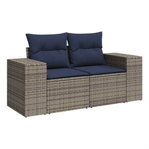 vidaXL 2-Seater Patio Sofa with Cushions in Navy Blue and Grey Poly Rattan
