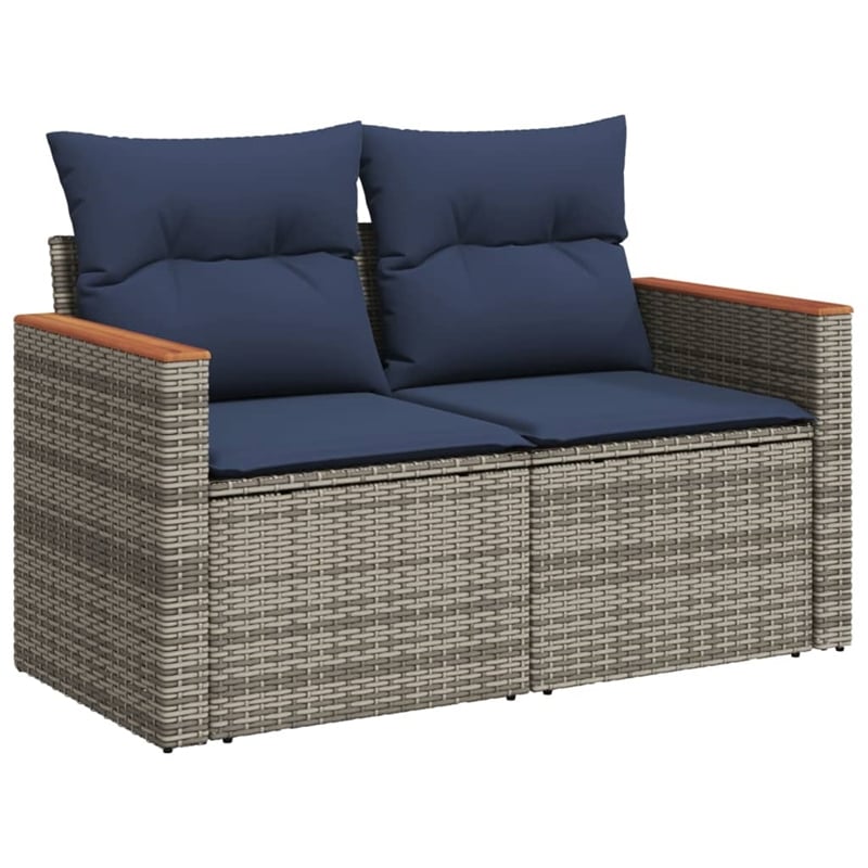 vidaXL 2-Seater Patio Sofa with Cushions in Navy Blue and Grey Poly Rattan