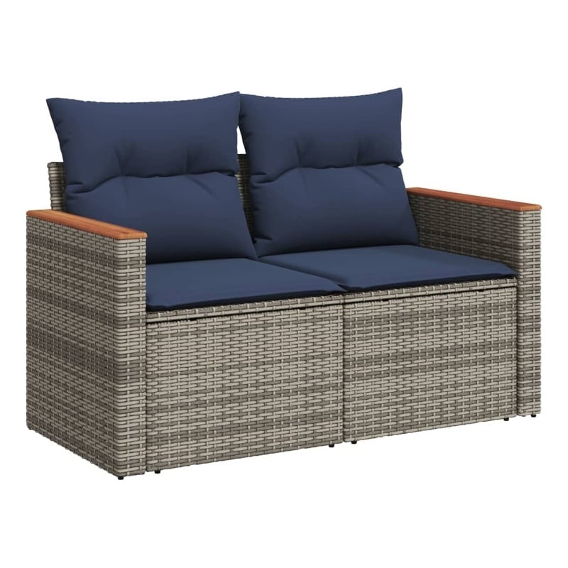 vidaXL 2-Seater Patio Sofa with Cushions in Navy Blue and Grey Poly Rattan