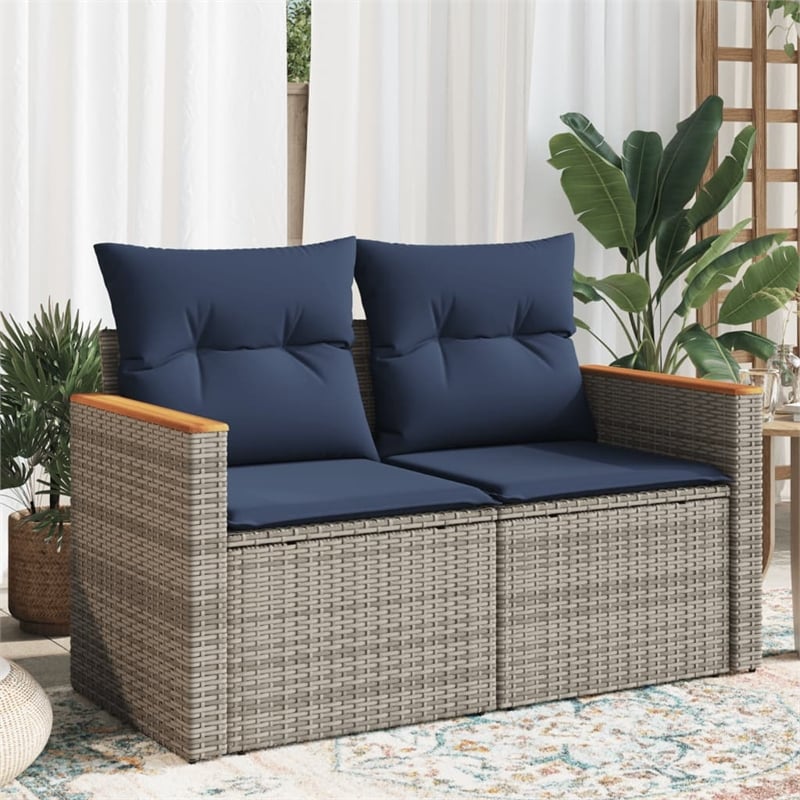 vidaXL 2-Seater Patio Sofa with Cushions in Navy Blue and Grey Poly Rattan