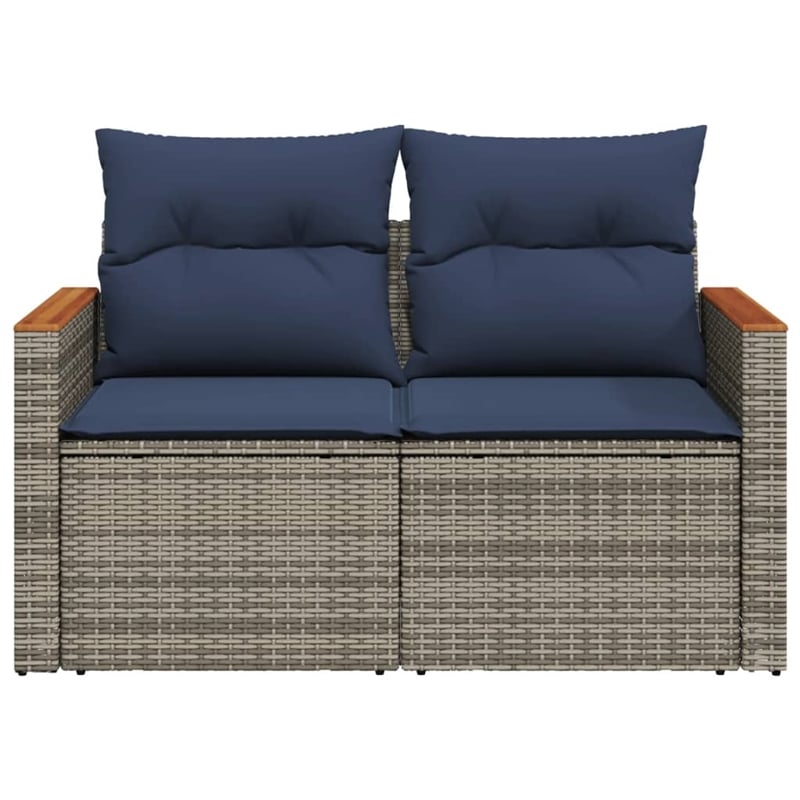 vidaXL 2-Seater Patio Sofa with Cushions in Navy Blue and Grey Poly Rattan