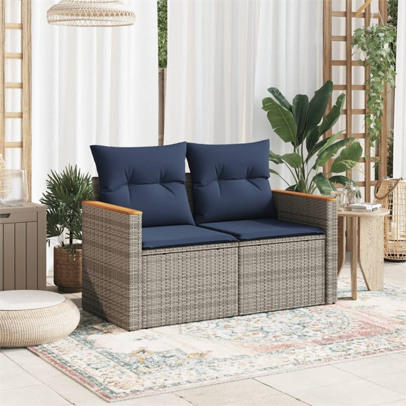 vidaXL 2-Seater Patio Sofa with Cushions in Navy Blue and Grey Poly Rattan