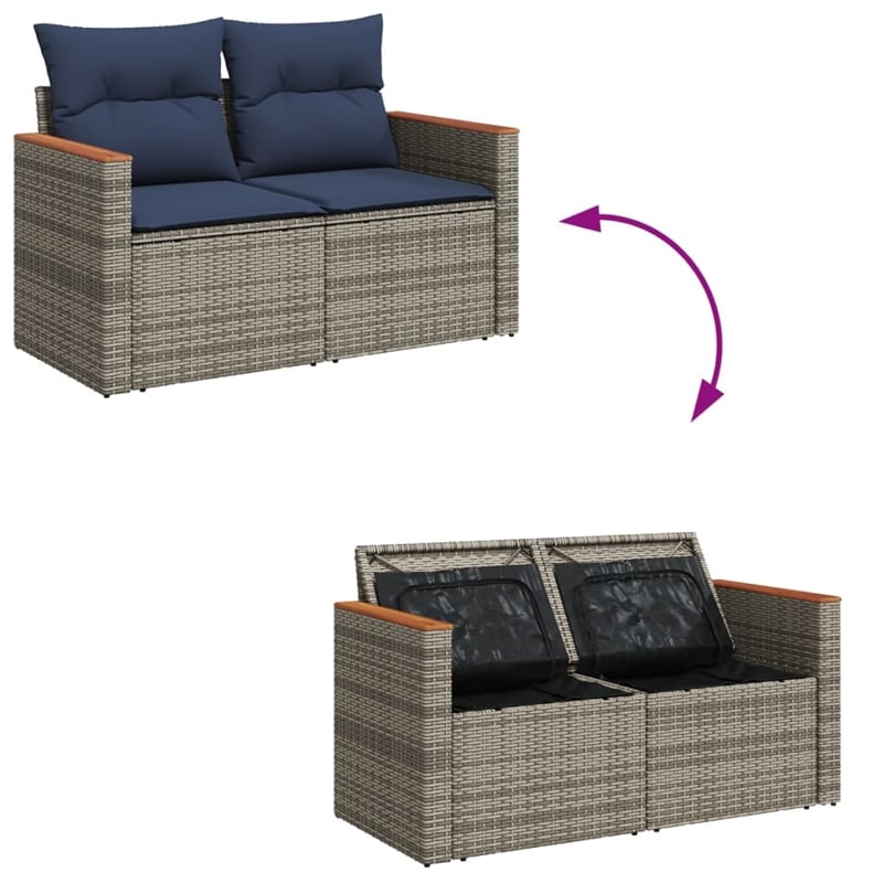 vidaXL 2-Seater Patio Sofa with Cushions in Navy Blue and Grey Poly Rattan