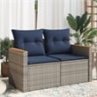 vidaXL 2-Seater Patio Sofa with Cushions in Navy Blue and Grey Poly Rattan