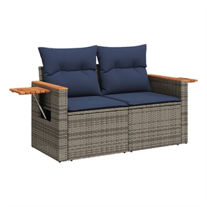 vidaXL 2-Seater Patio Sofa with Cushions in Navy Blue and Grey Poly Rattan