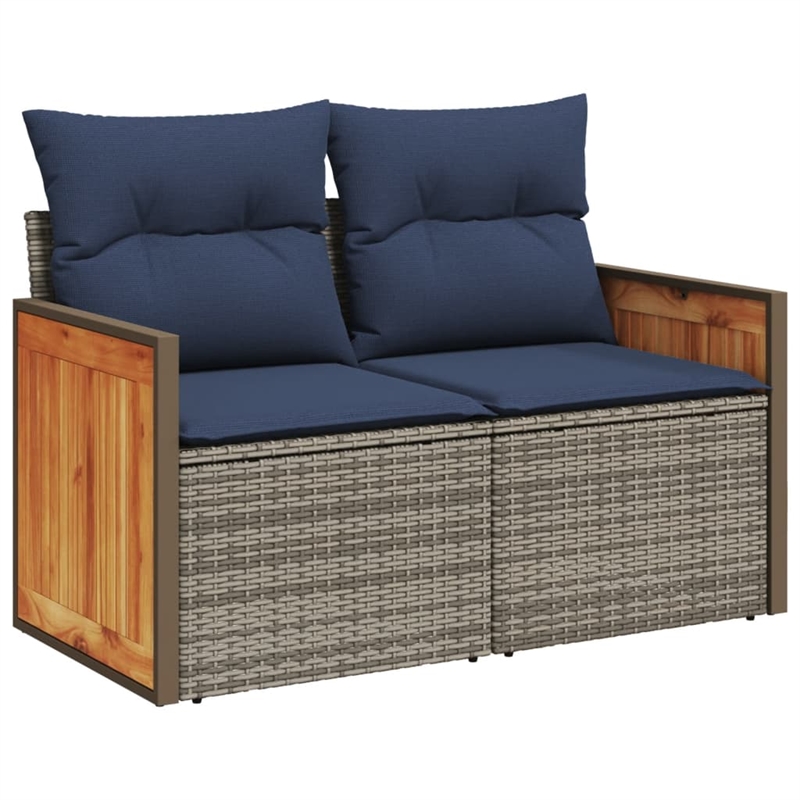 vidaXL 2-Seater Patio Sofa with Cushions in Navy Blue and Grey Poly Rattan