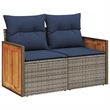 vidaXL 2-Seater Patio Sofa with Cushions in Navy Blue and Grey Poly Rattan