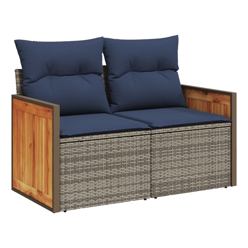 vidaXL 2-Seater Patio Sofa with Cushions in Navy Blue and Grey Poly Rattan