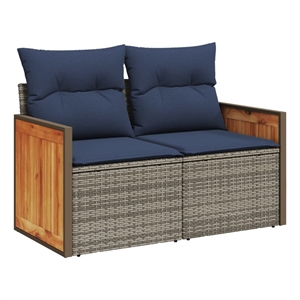 vidaXL 2-Seater Patio Sofa with Cushions in Navy Blue and Grey Poly Rattan