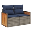 vidaXL 2-Seater Patio Sofa with Cushions in Navy Blue and Grey Poly Rattan
