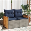 vidaXL 2-Seater Patio Sofa with Cushions in Navy Blue and Grey Poly Rattan