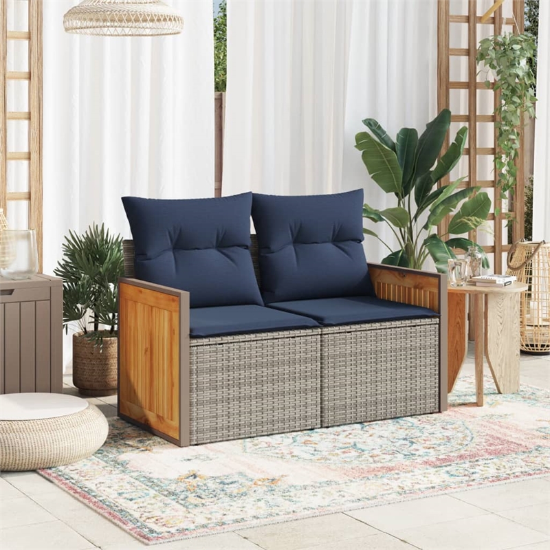 vidaXL 2-Seater Patio Sofa with Cushions in Navy Blue and Grey Poly Rattan