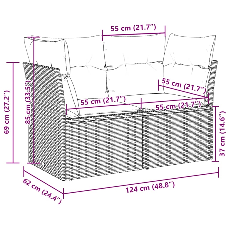 vidaXL 2-Seater PE Rattan Garden Sofa With Adjustable Feet in Light Grey