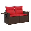 vidaXL 2-Seater Patio Sofa With Cushions with Red and Brown Poly Rattan