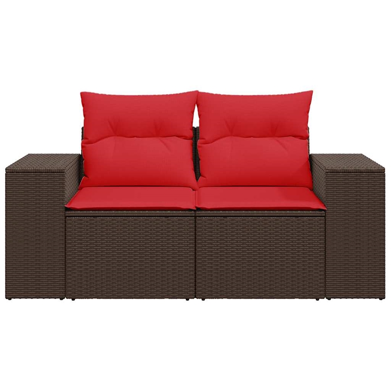 vidaXL 2-Seater Patio Sofa With Cushions with Red and Brown Poly Rattan