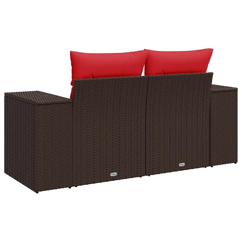 vidaXL 2-Seater Patio Sofa With Cushions with Red and Brown Poly Rattan