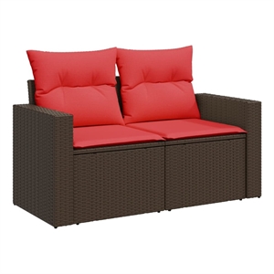vidaXL 2-Seater Patio Sofa With Cushions with Red and Brown Poly Rattan