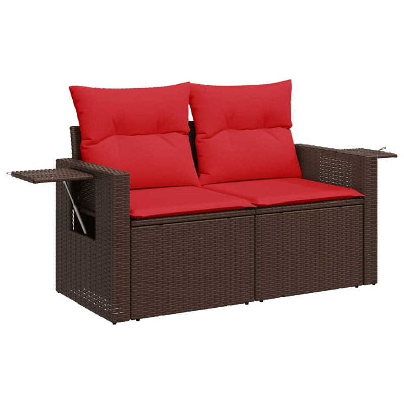 vidaXL 2-Seater Patio Sofa With Cushions with Red and Brown Poly Rattan