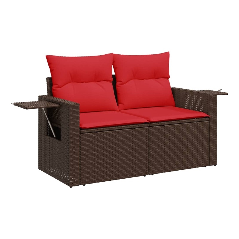 vidaXL 2-Seater Patio Sofa With Cushions with Red and Brown Poly Rattan