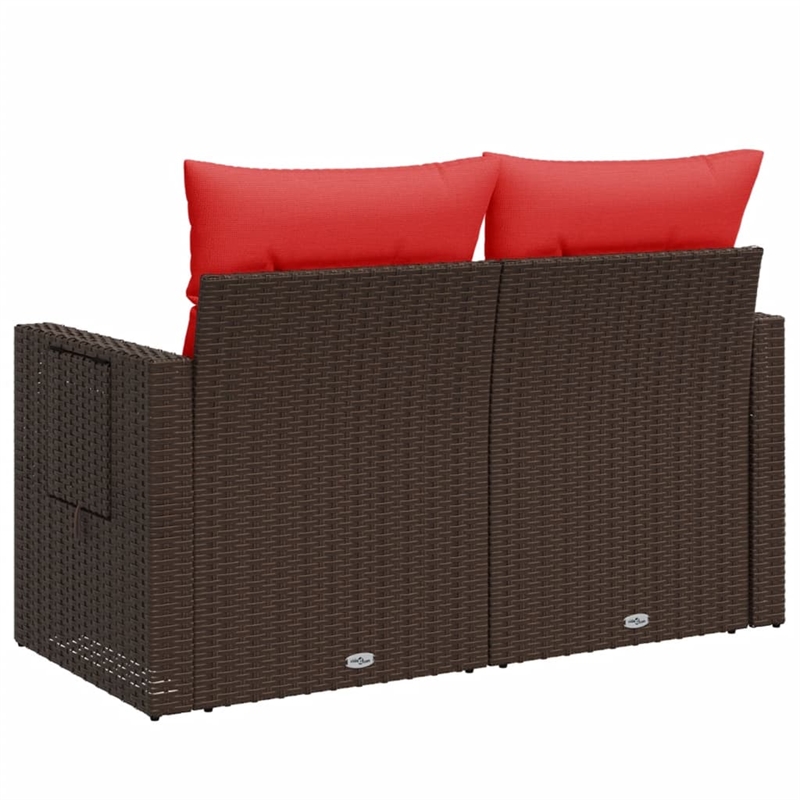 vidaXL 2-Seater Patio Sofa With Cushions with Red and Brown Poly Rattan