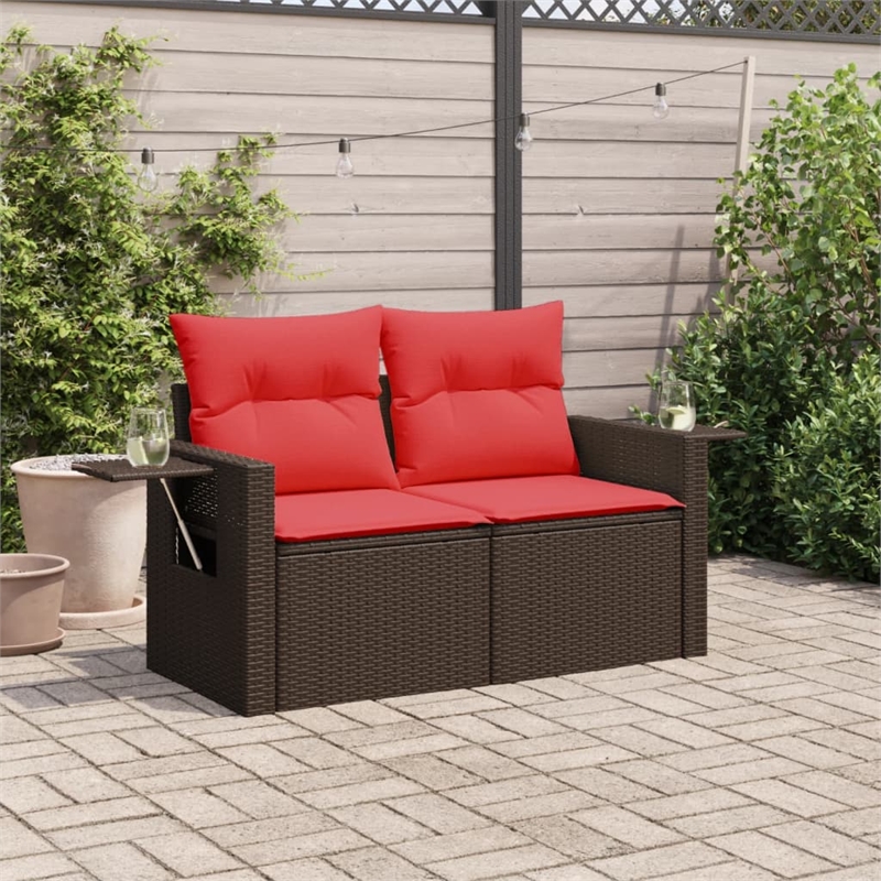 vidaXL 2-Seater Patio Sofa With Cushions with Red and Brown Poly Rattan