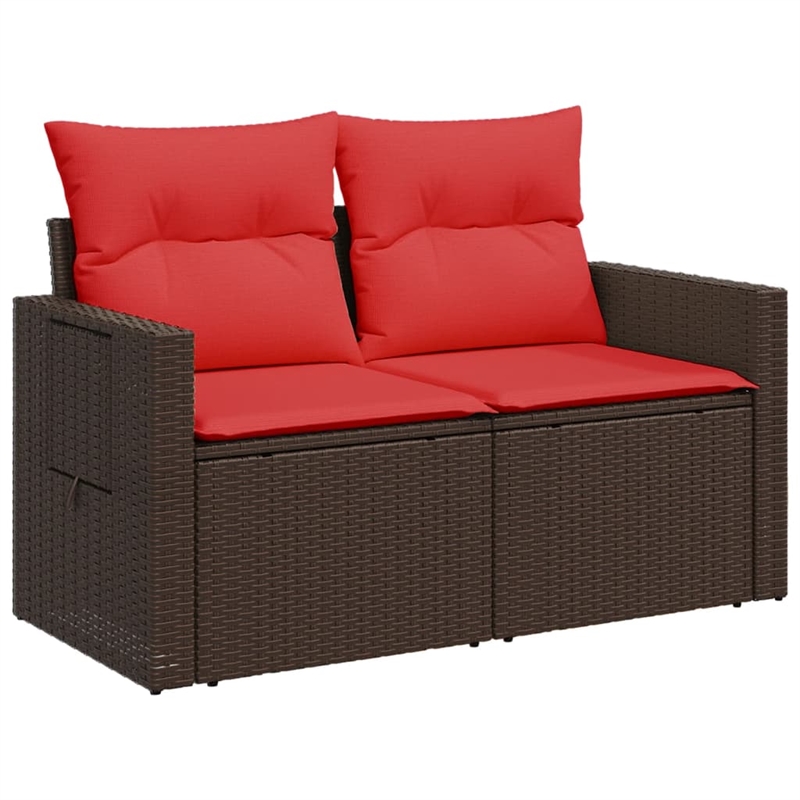vidaXL 2-Seater Patio Sofa With Cushions with Red and Brown Poly Rattan