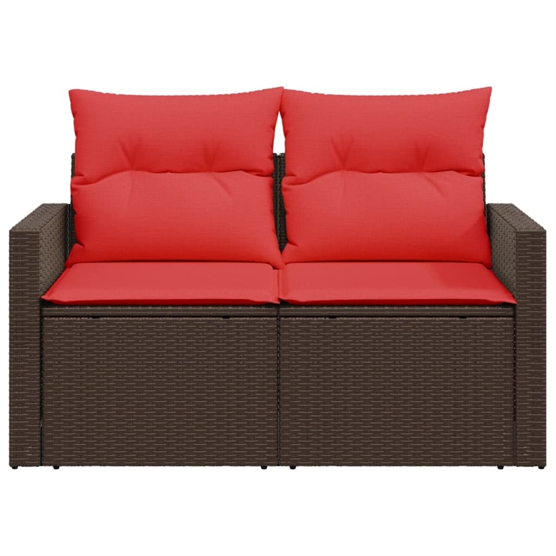 vidaXL 2-Seater Patio Sofa With Cushions with Red and Brown Poly Rattan