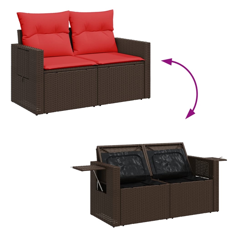 vidaXL 2-Seater Patio Sofa With Cushions with Red and Brown Poly Rattan