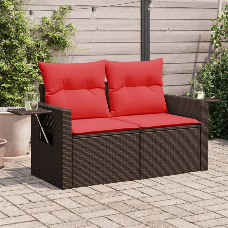 vidaXL 2-Seater Patio Sofa With Cushions with Red and Brown Poly Rattan
