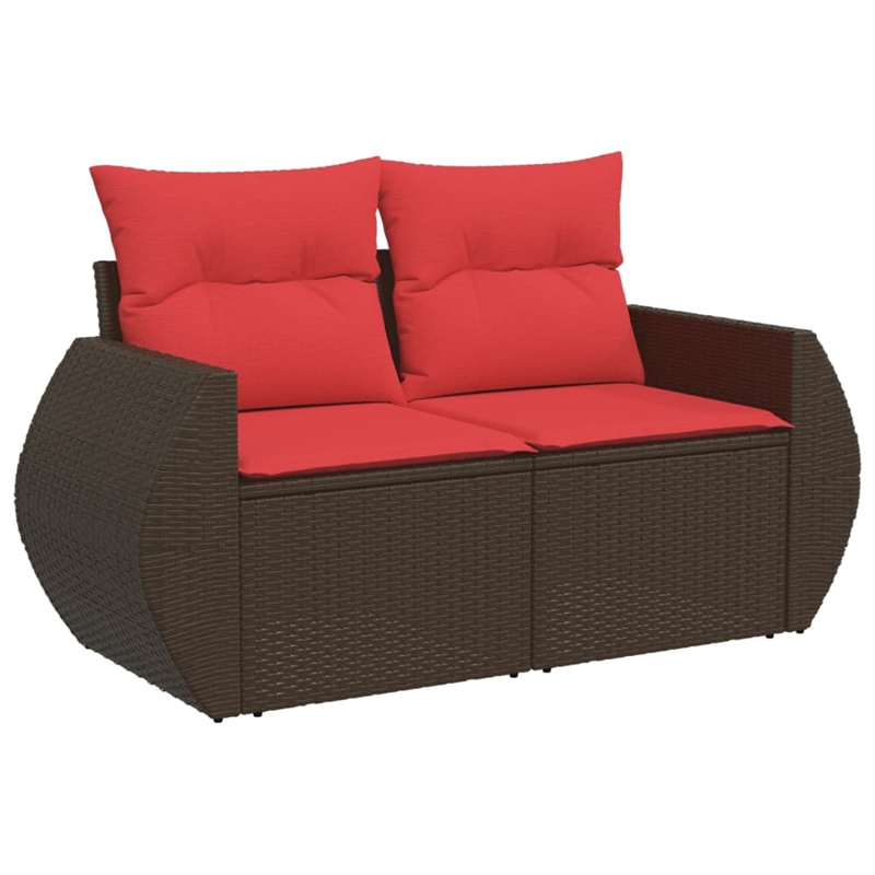 vidaXL 2-Seater Patio Sofa With Cushions with Red and Brown Poly Rattan