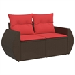 vidaXL 2-Seater Patio Sofa With Cushions with Red and Brown Poly Rattan