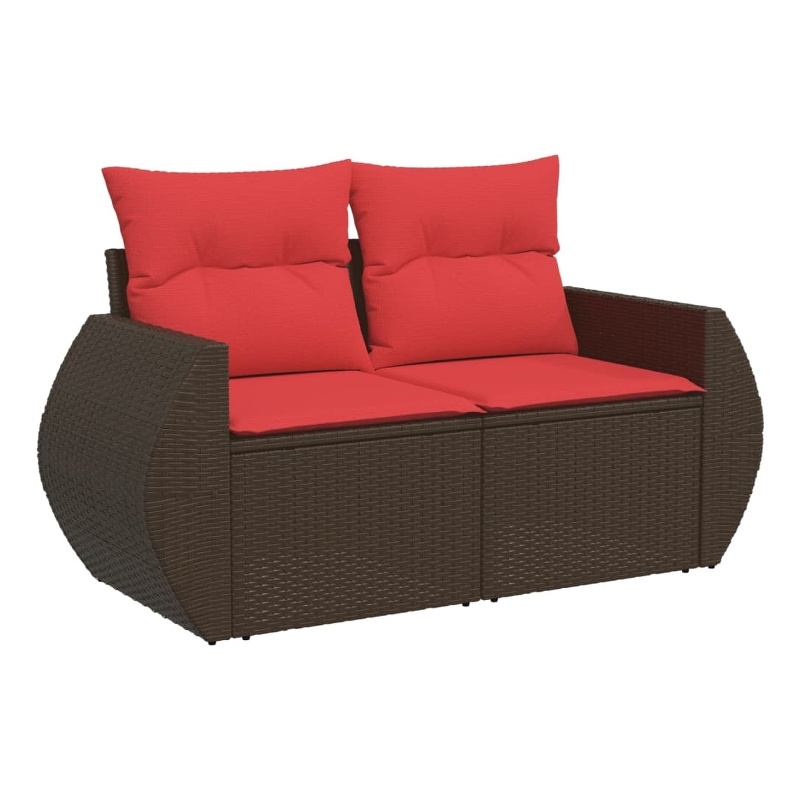 vidaXL 2-Seater Patio Sofa With Cushions with Red and Brown Poly Rattan