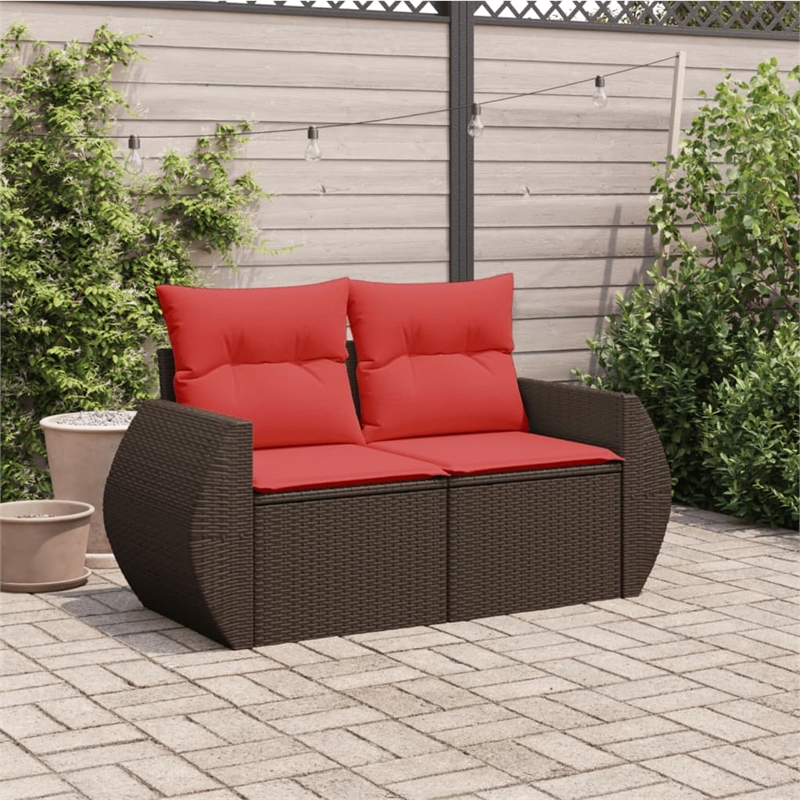 vidaXL 2-Seater Patio Sofa With Cushions with Red and Brown Poly Rattan