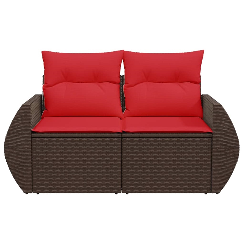 vidaXL 2-Seater Patio Sofa With Cushions with Red and Brown Poly Rattan