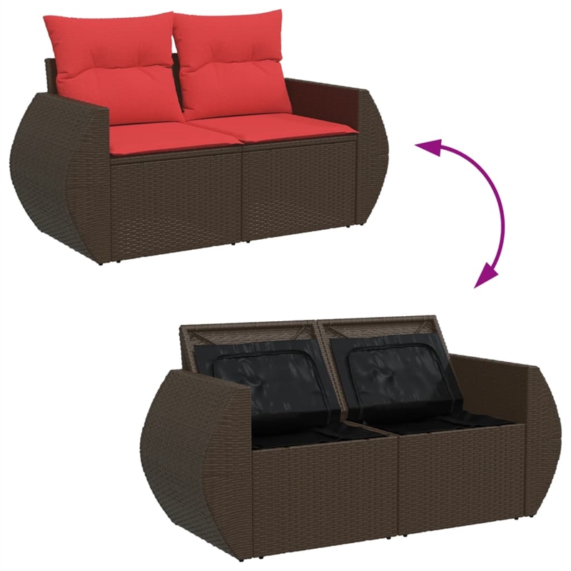 vidaXL 2-Seater Patio Sofa With Cushions with Red and Brown Poly Rattan