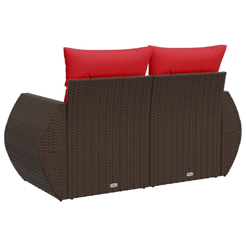 vidaXL 2-Seater Patio Sofa With Cushions with Red and Brown Poly Rattan