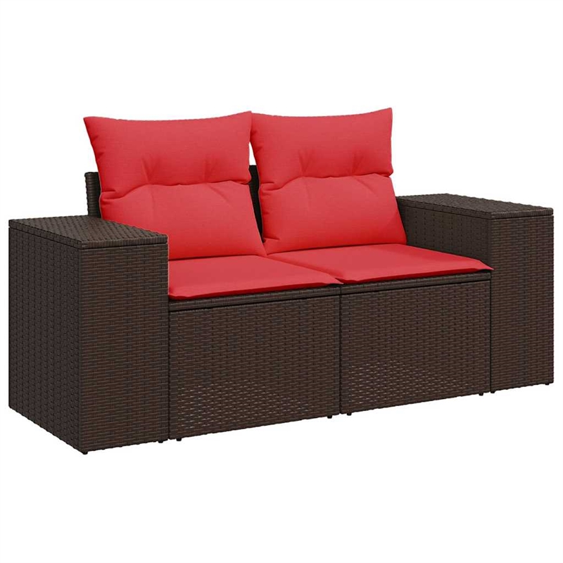 vidaXL 2-Seater Brown Poly Rattan Patio Sofa With Cushions in Red