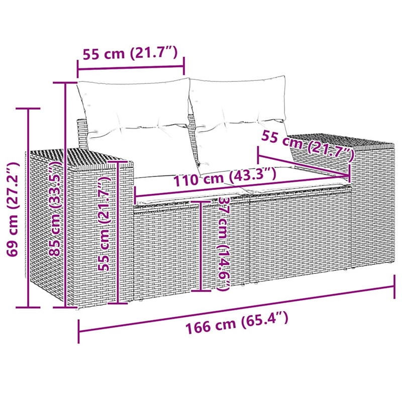 vidaXL 2-Seater Brown Poly Rattan Patio Sofa With Cushions in Red