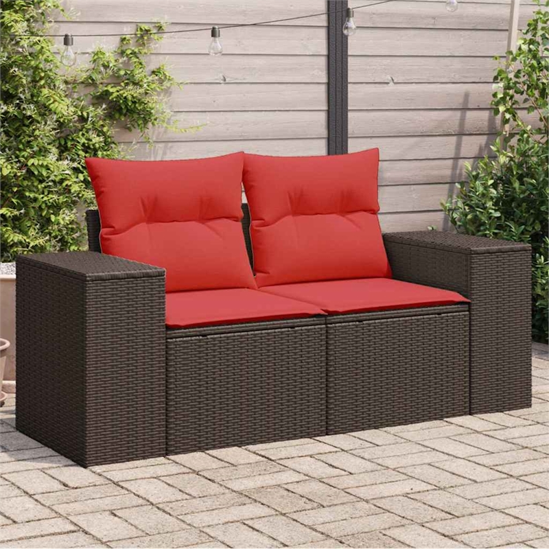 vidaXL 2-Seater Brown Poly Rattan Patio Sofa With Cushions in Red