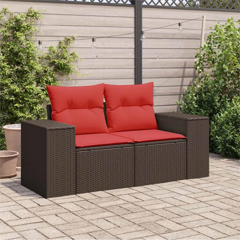 vidaXL 2-Seater Brown Poly Rattan Patio Sofa With Cushions in Red