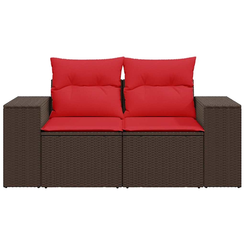 vidaXL 2-Seater Brown Poly Rattan Patio Sofa With Cushions in Red