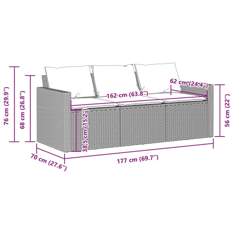vidaXL PE Rattan 3-Seater Garden Sofa in Gray