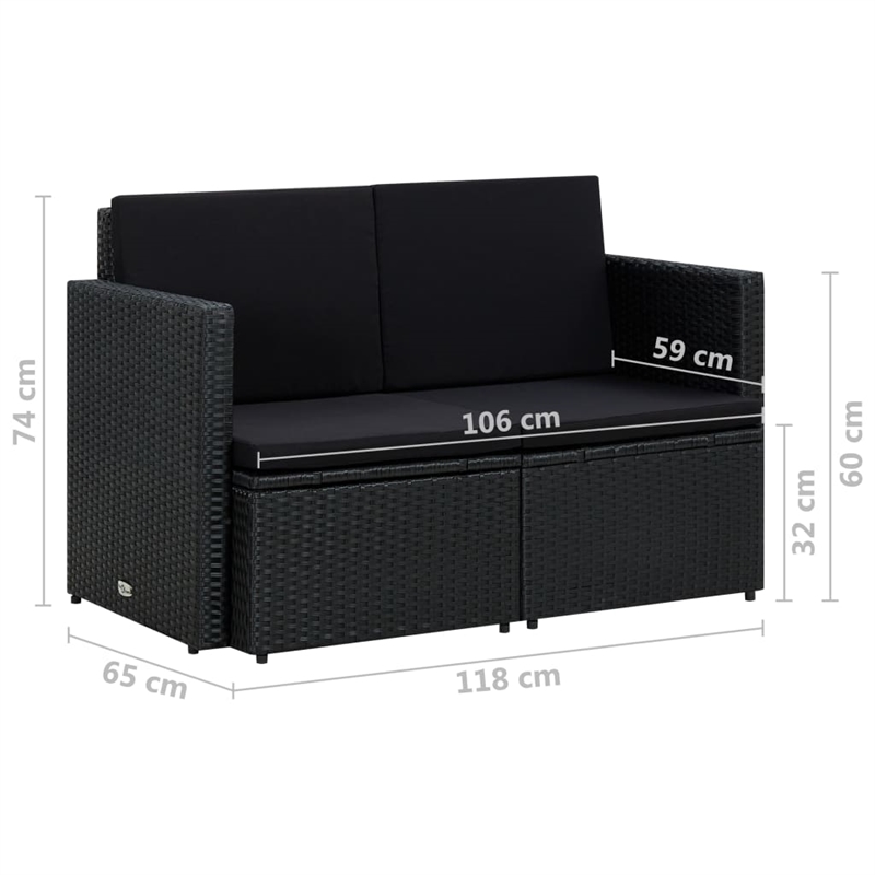 vidaXL 2-Seater PE Rattan And Powder-Coated Steel And Polyester Sofa in Black